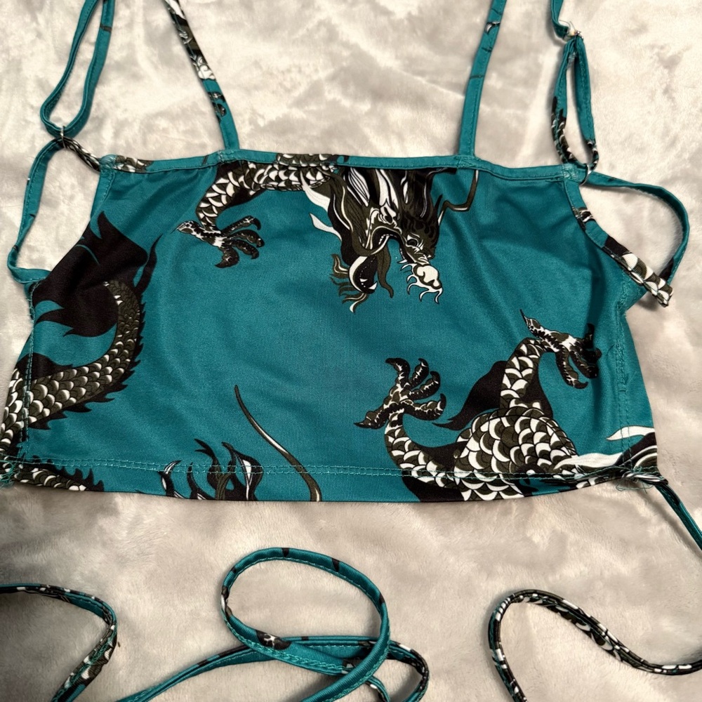 Zaful Women's Dragon Print Oriental Crop Emerald Green Small